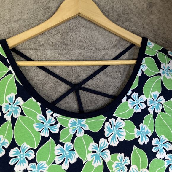 T by Talbots Dress 1X Navy Green Floral Fields Open Back UPF 50+ Pockets Belt - Picture 2 of 12